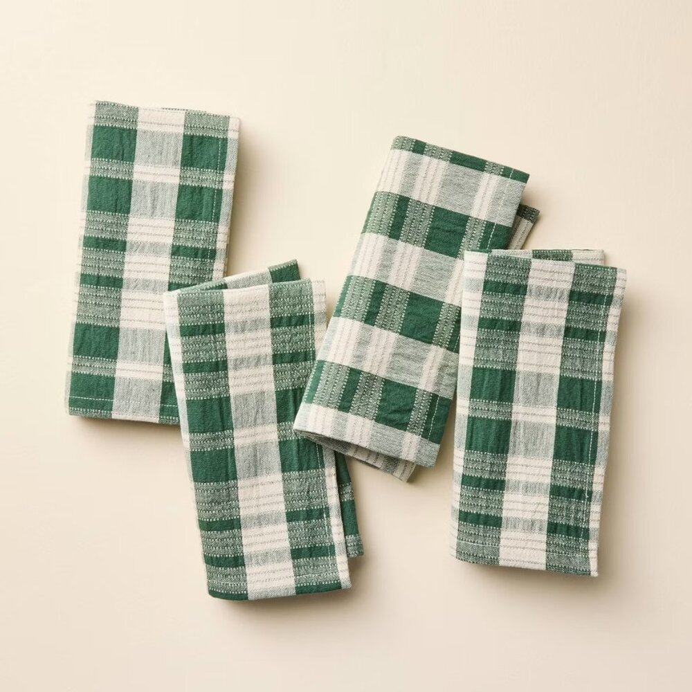 HEARTH & HAND Cotton Cloth Plaid Napkins Cream/Green Set of 4